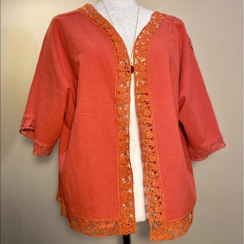 LACE TRIMMED OPEN FRONT CARDIGAN